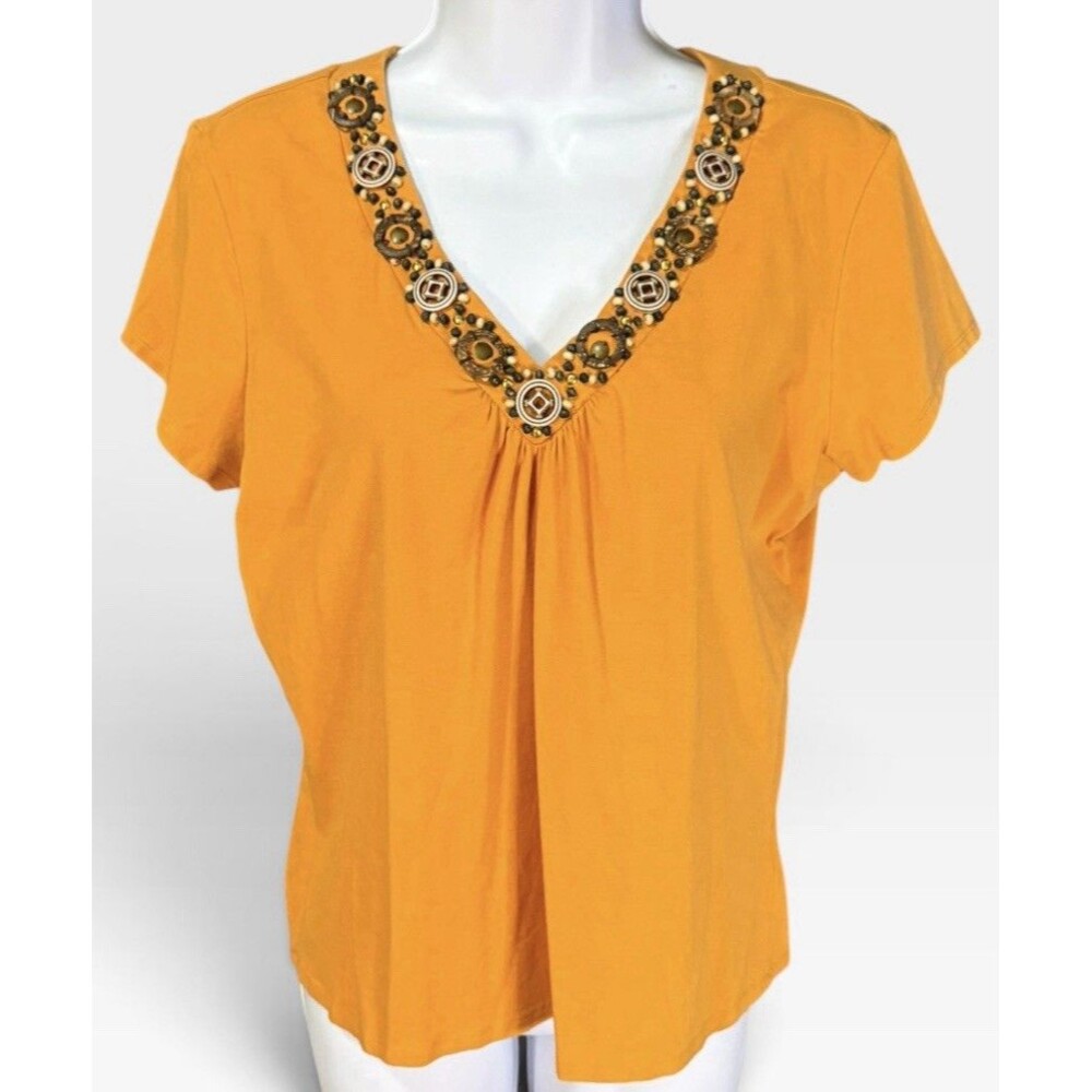 Ruby Rd Size M Embellished V-Neck Short Sleeve Orange Cotton Blend Top Blouse